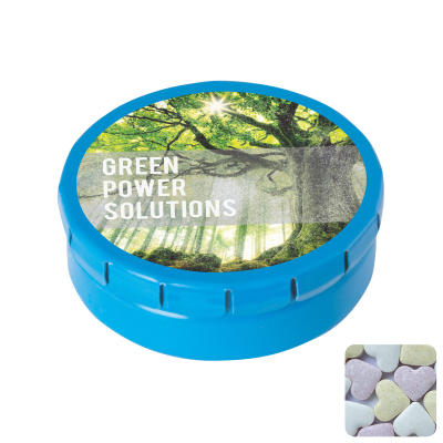 ROUND CLICK TIN with Fruit Heart Sweets in Light Blue