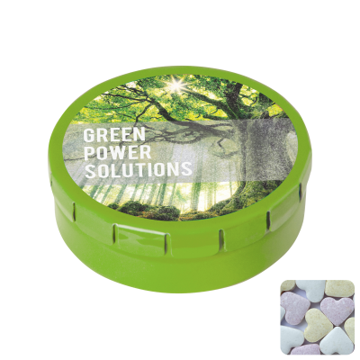 ROUND CLICK TIN with Fruit Heart Sweets in Pale Green