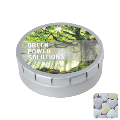 ROUND CLICK TIN with Fruit Heart Sweets in Pale Grey