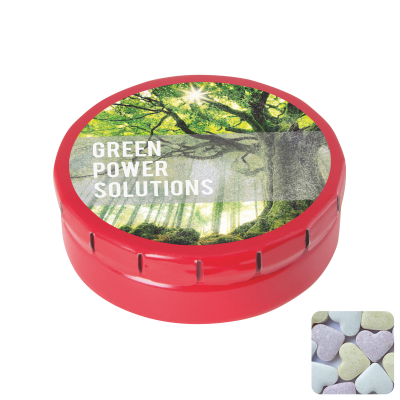 ROUND CLICK TIN with Fruit Heart Sweets in Red