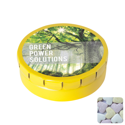 ROUND CLICK TIN with Fruit Heart Sweets in Yellow