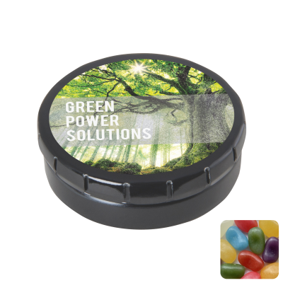 ROUND CLICK TIN with Jelly Beans in Black - PROMOTIONAL CORPORATE GIFT