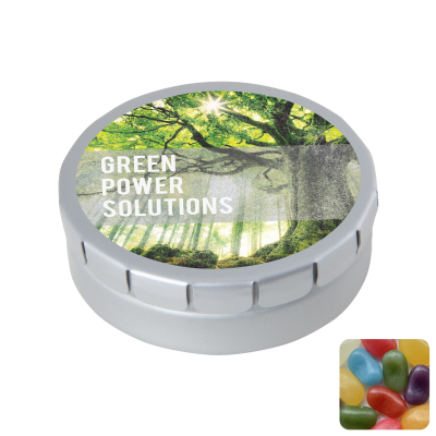 ROUND CLICK TIN with Jelly Beans in Pale Grey - PROMOTIONAL CORPORATE GIFT