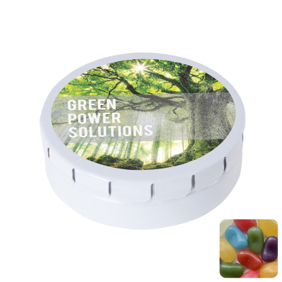 ROUND CLICK TIN with Jelly Beans in White - PROMOTIONAL CORPORATE GIFT