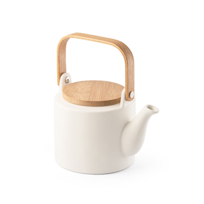 GLOGG 700 ML CERAMIC POTTERY TEA POT with Bamboo Lid in Pastel White