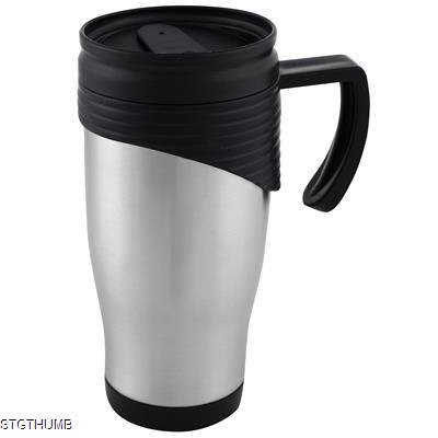 DOUBLE WALLED SILVER STAINLESS STEEL METAL TRAVEL MUG