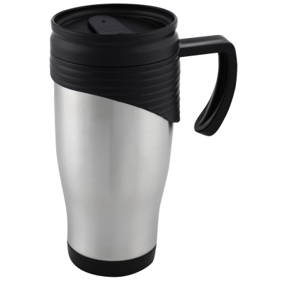 DOUBLE WALLED SILVER STAINLESS STEEL METAL TRAVEL MUG