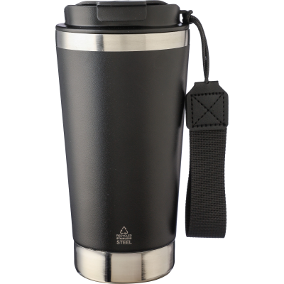 RECYCLED STEEL DOUBLE WALLED TRAVEL MUG (500ML) in Black