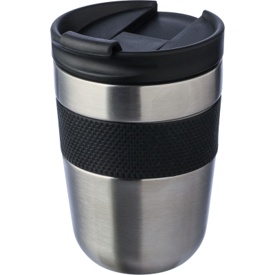 STAINLESS STEEL METAL DOUBLE WALLED TRAVEL MUG (300ML) in Black & Silver