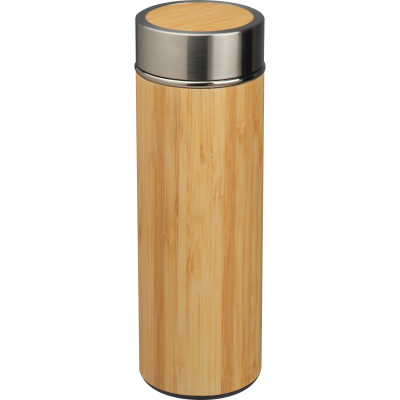 STAINLESS STEEL METAL MUG with Tea Strainer in Bamboo Look 350ml in Beige
