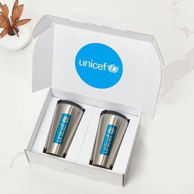 TWO SILVER TRAVEL TUMBLERS WHITE GIFT BOX - PROMOTIONAL CORPORATE GIFT