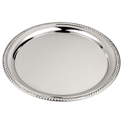 ROUND SHINY SILVER METAL TRAY with Decorative Edge