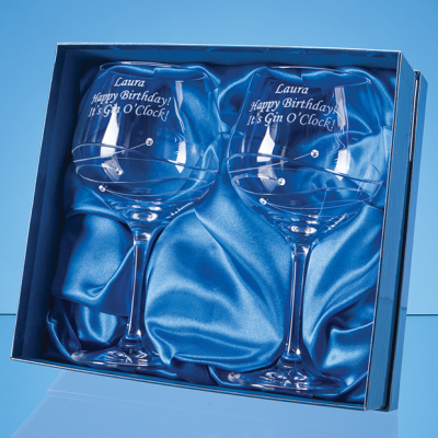 2 DIAMANTE GIN GLASSES WITH SPIRAL DESIGN CUTTING IN a SATIN LINED GIFT BOX