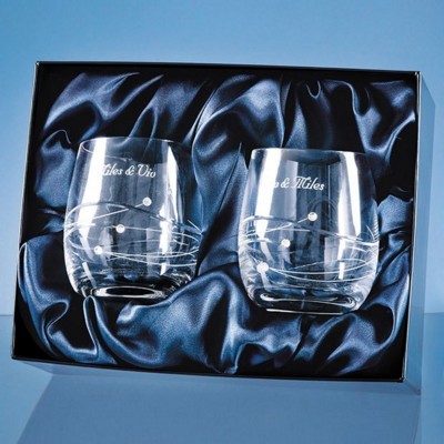 2 DIAMANTE WHISKY TUMBLERS WITH SPIRAL DESIGN CUTTING IN a SATIN LINED GIFT BOX