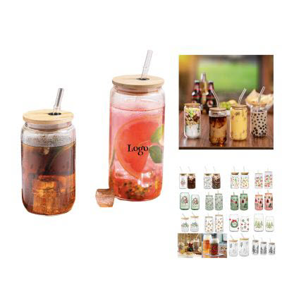 DRINK GLASS with Bamboo Lid & Glass Straw