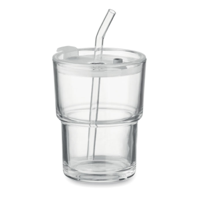 GLASS TUMBLER with Straw 400Ml in White