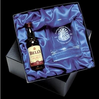 WHISKY GLASS AND 5CL MINI WHISKY BOTTLE in Satin Lined Box