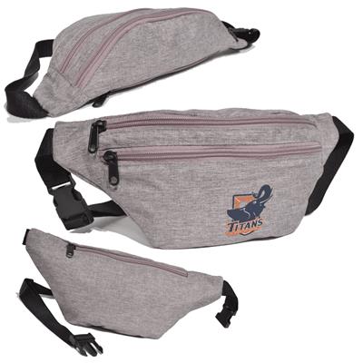 WATERPROOF 13 INCH W X 6 INCH H HEATHERED FANNY PACK with 3 Zippers & Custom Logo