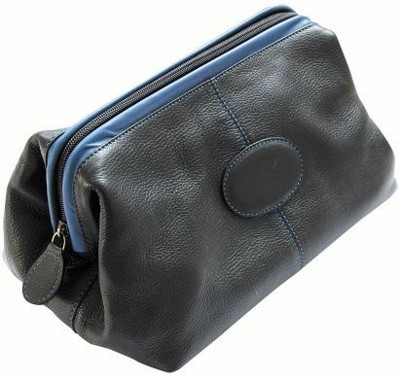 MELBOURNE NAPPA LEATHER TRAVEL TOILETRY WASH BAG in Black with Blue Trim