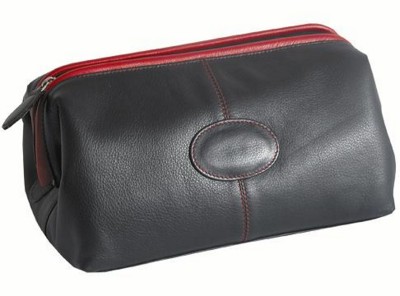 MELBOURNE NAPPA LEATHER TRAVEL TOILETRY WASH BAG in Black with Red Trim