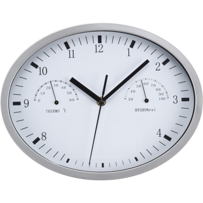 WALL CLOCK with Hygrometer, Thermometer & Click System in White 