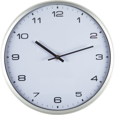 WALL CLOCK with Silver Frame & Click System in White 