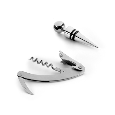 BARREL ZINC AND STAINLESS STEEL METAL WINE SET in Satin Silver - PROMOTIONAL CORPORATE GIFT