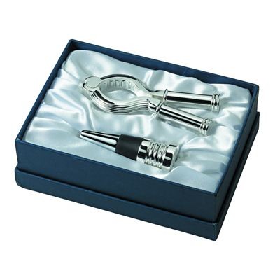 BOTTLE STOPPER & CHAMPAGNE OPENER GIFT SET in Silver
