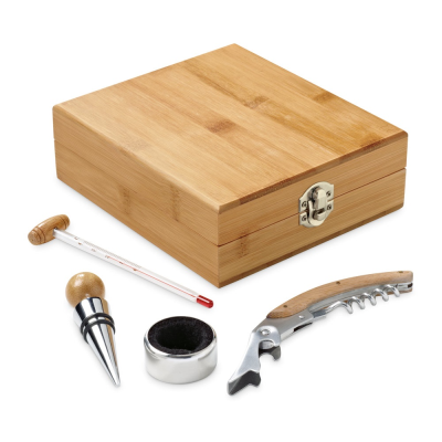 CABERNET BAMBOO, ZINC AND STAINLESS STEEL METAL WINE SET in Natural