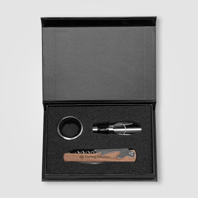 ESSEX STAINLESS STEEL METAL & FSC WOOD WINE ACCESSORY GIFT SET - 3 PCS