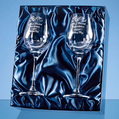 2 DIAMANTE WINE GLASSES with Elegance Spiral Cutting in an Attractive Gift Box