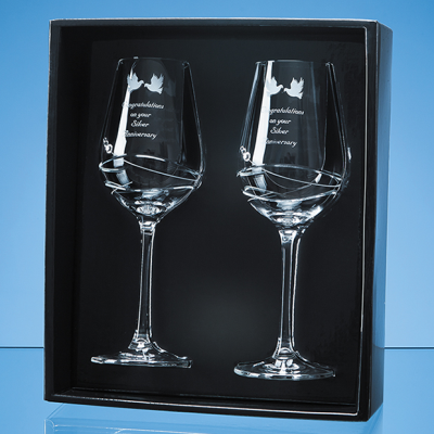 2 DIAMANTE WINE GLASSES with Modena Spiral Cutting in an Attractive Gift Box