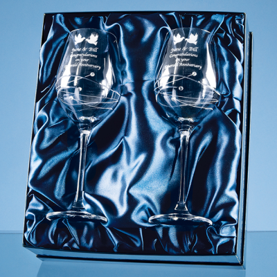 2 DIAMANTE WINE GLASSES with Spiral Design Cutting in an Attractive Gift Box