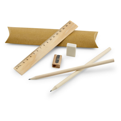 RHOMBUS SCHOOL WRITING SET: RULER, PENCIL, ERASER AND SHARPENER in Natural